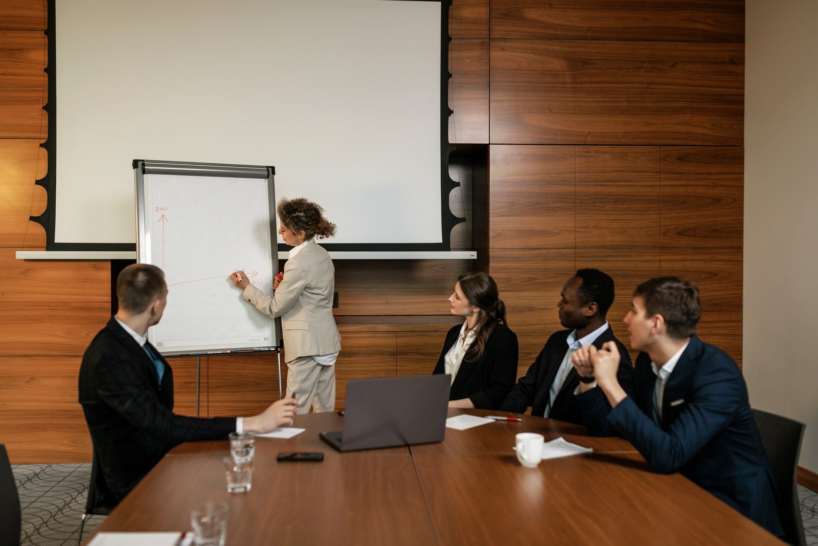 Senior leaders participating in a formal board presentation